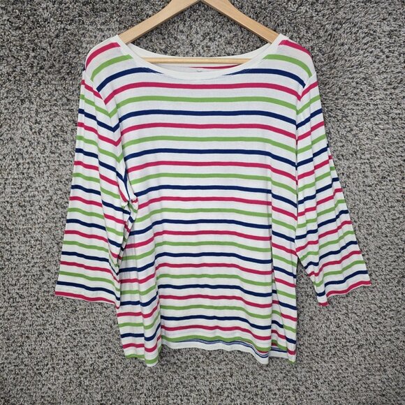 Talbots Top Womens Plus 1X Green Blue Striped Scoop Neck Long Sleeve Pima Cotton - Picture 1 of 7